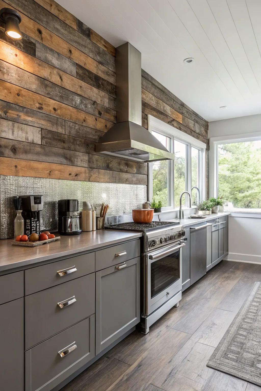 A kitchen featuring a modern metal and weathered timber backsplash.