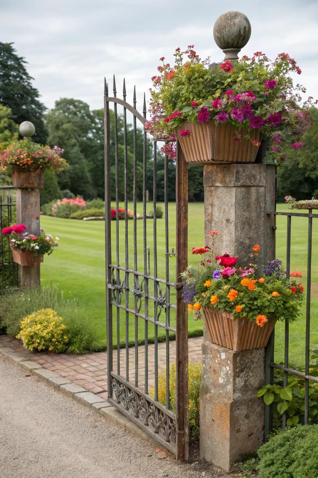 Gates with planters fashion a living, verdant entrance.