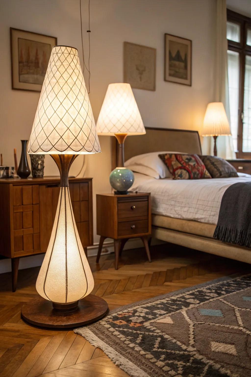Symmetrical cone and globe lamps light up this mid-century modern bedroom with style.