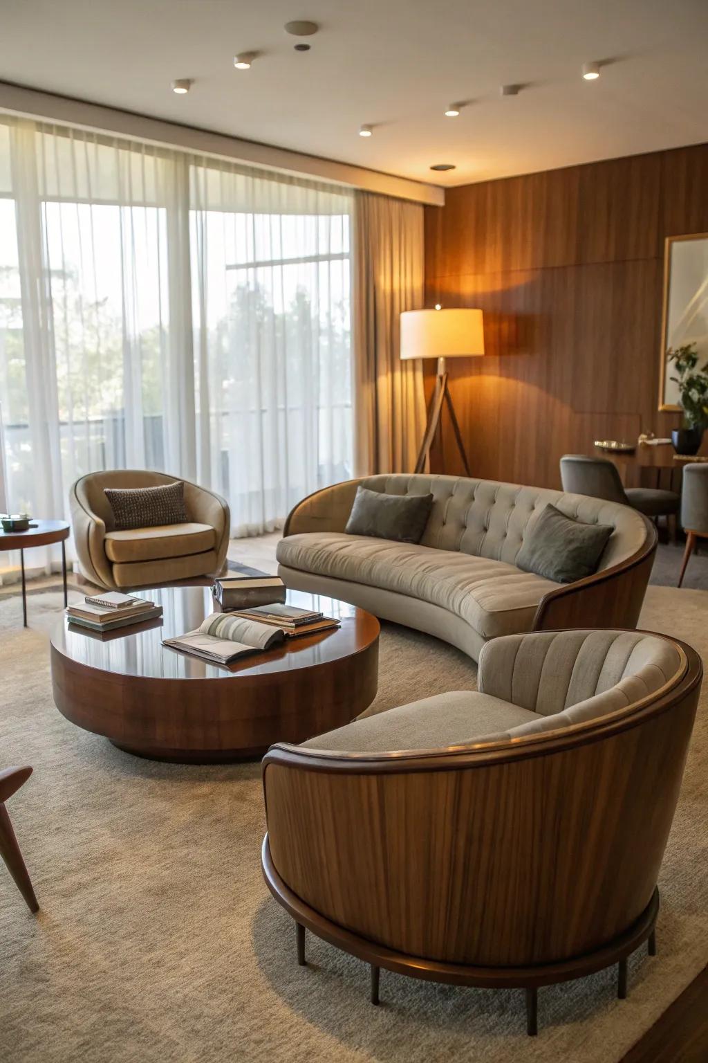 Curved furniture adds softness and comfort to this mid-century modern living space.