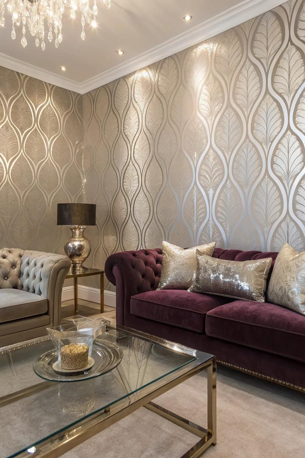 Luxurious space with metallic touch mid-century wallcovering.