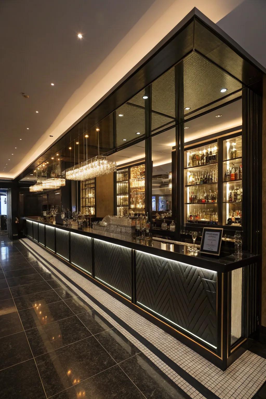 Mirrors and lighting expand the perceived space of the home bar.