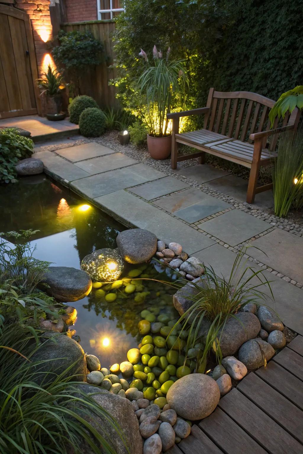 Underwater shines make a magical feel in a patio pond.
