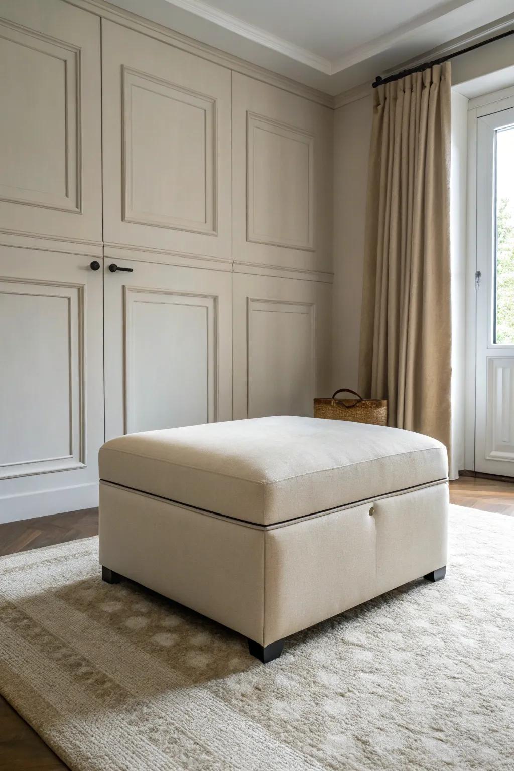 Hidden storage maintains a clean and clutter-free space.
