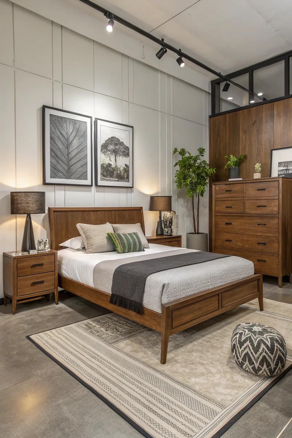 Modern touches balance the warmth of wood.