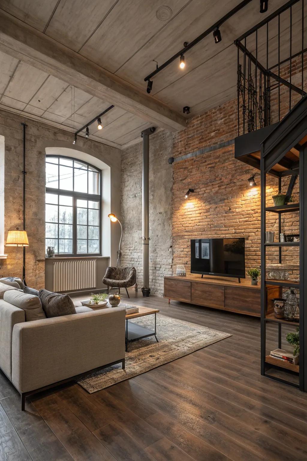 Concrete and wood shape a sophisticated, industrial-chic atmosphere.