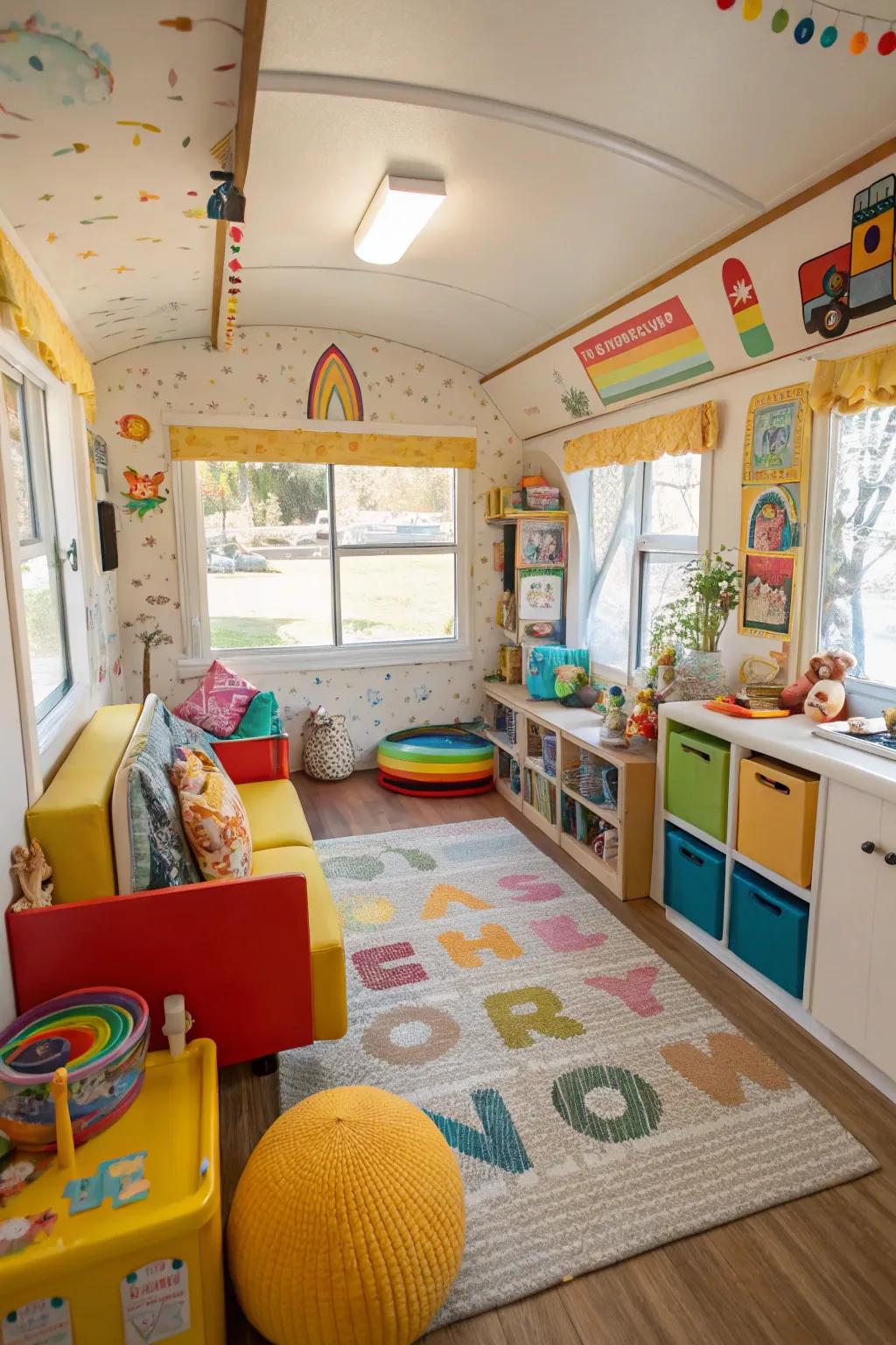 A vibrant children's play space featuring toys and colorful design, fashioning a playful environment.