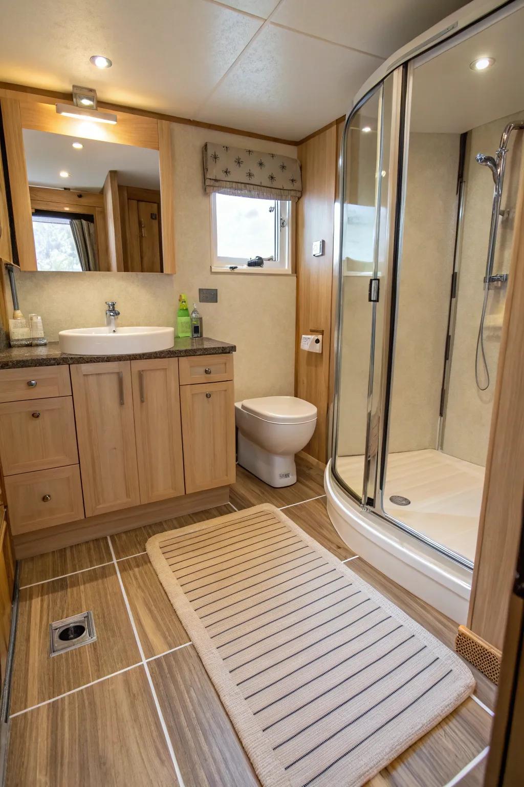Warmed flooring proffers a lavish and snug nuance to this bathroom.