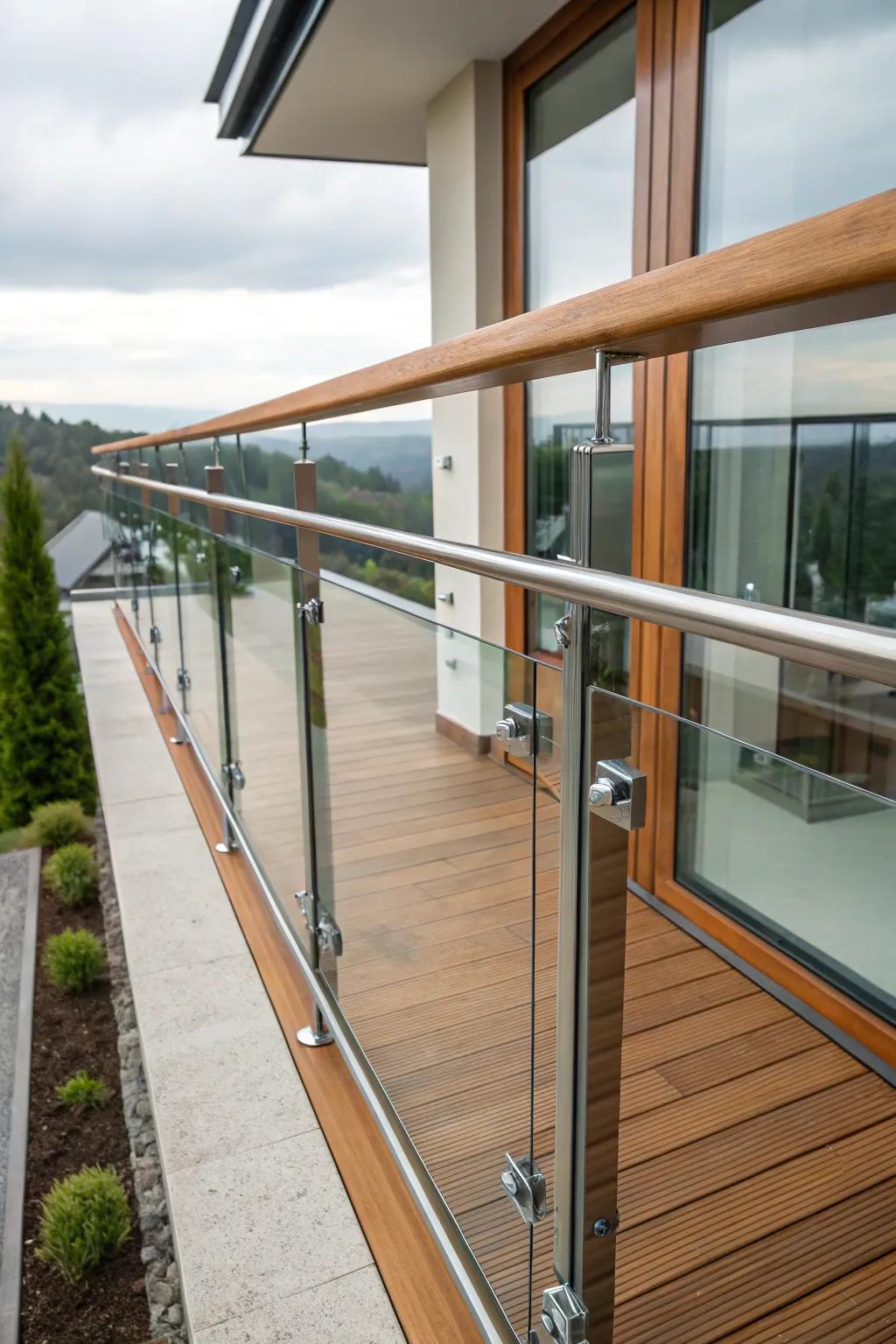 Balcony with mixed materials border: timber, metal, and crystal
