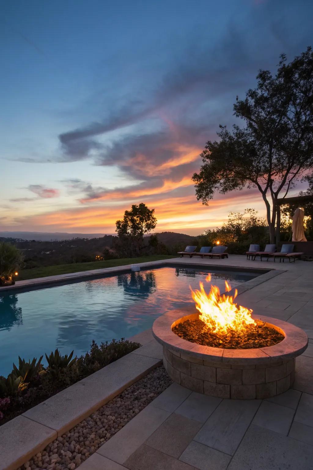 A hearth contributes warmth and ambiance.
