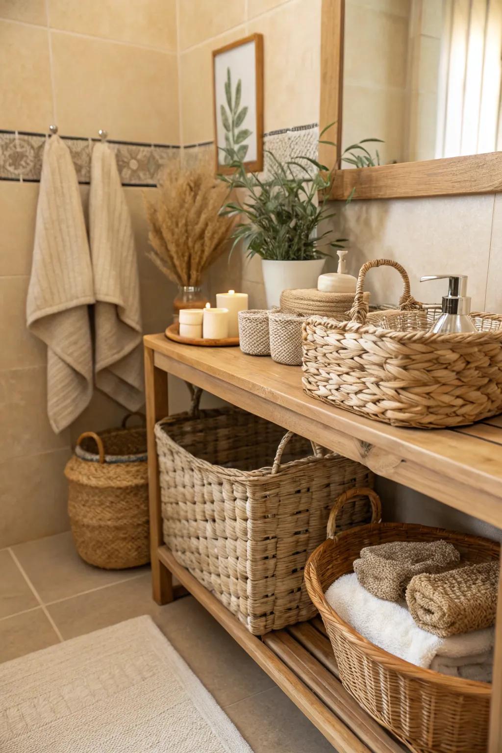 Wicker elements contribute texture and warmth to a beige bathroom.