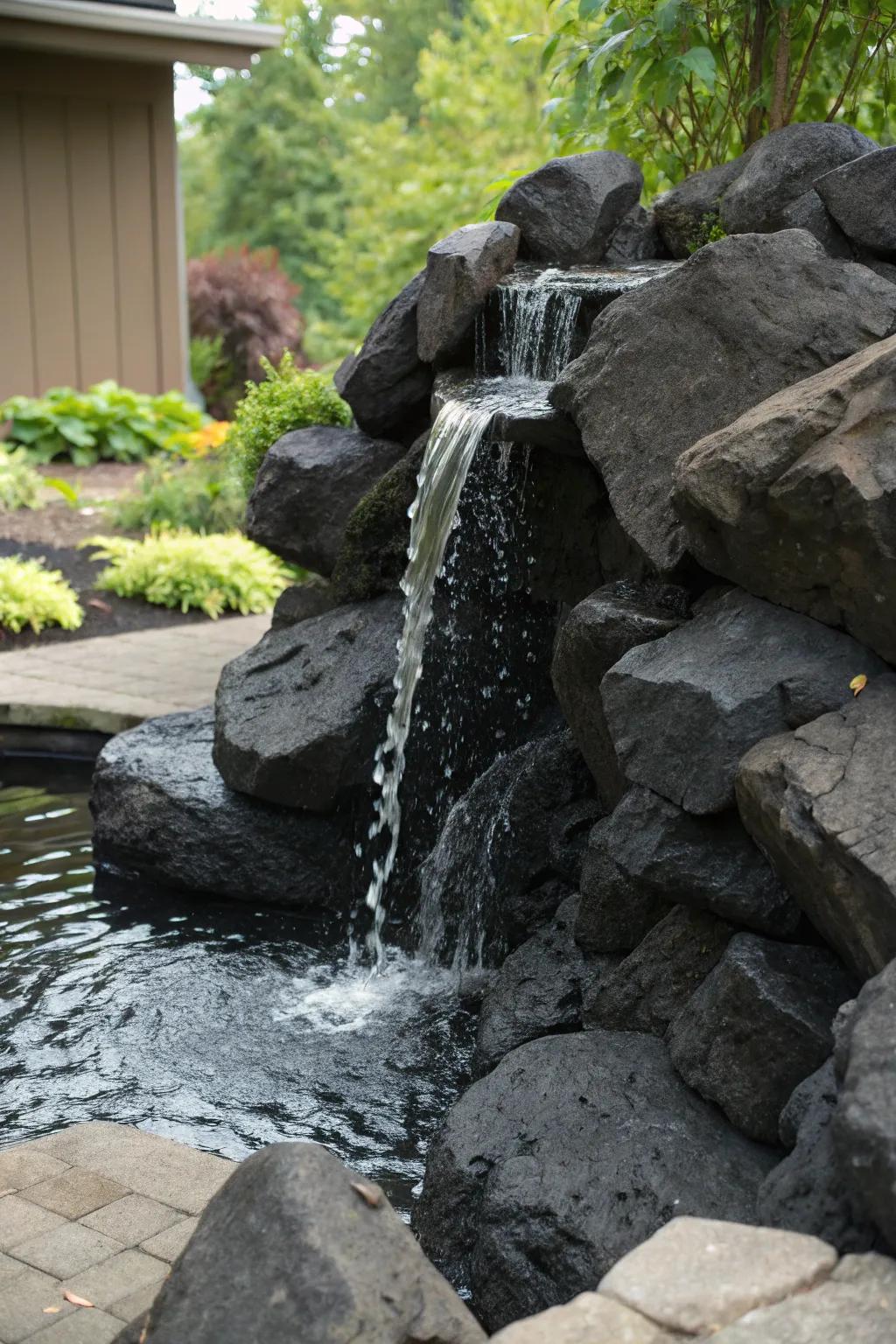 A dramatic cascade fashioned from volcanic dark stones.