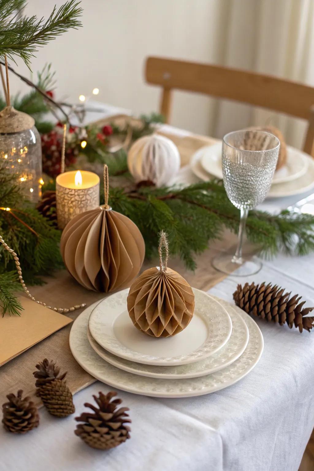 An eco-inspired table arrangement with recycled paper ornaments.