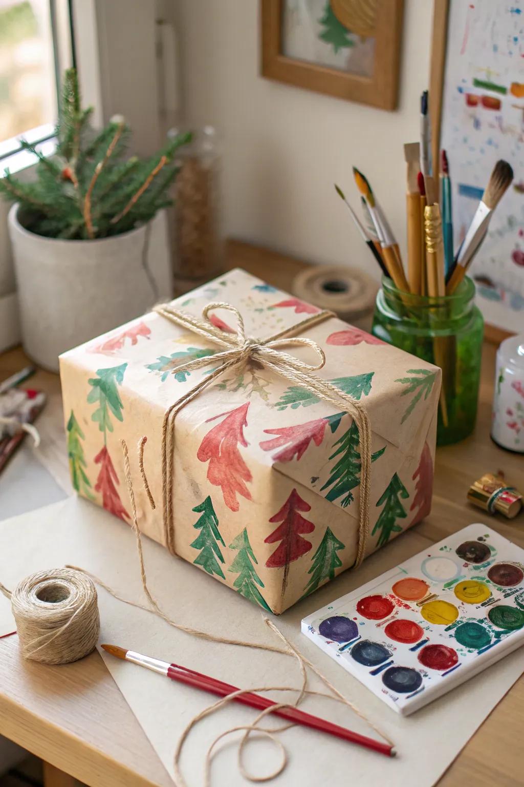 An inventively hand-painted gift wrap, metamorphosing paperboard craft into a personalized masterpiece.