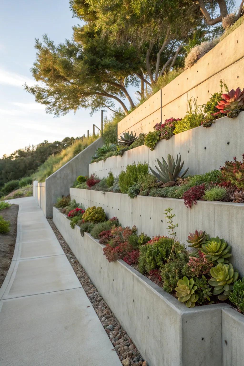 Concrete wall complete with built-in planters for added greenery.