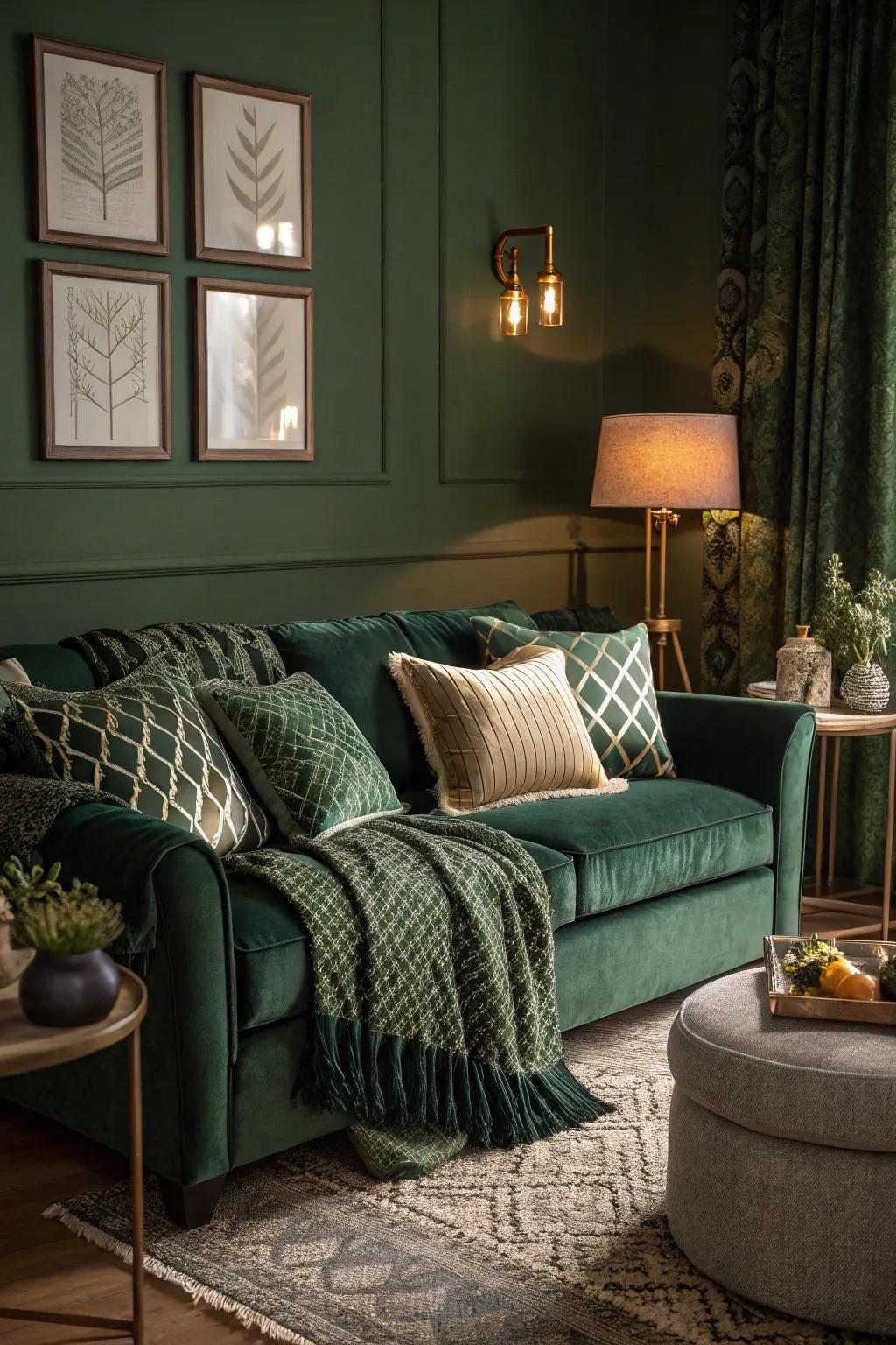 Layered feelings add depth and create a cozy environment in a dark green living room.