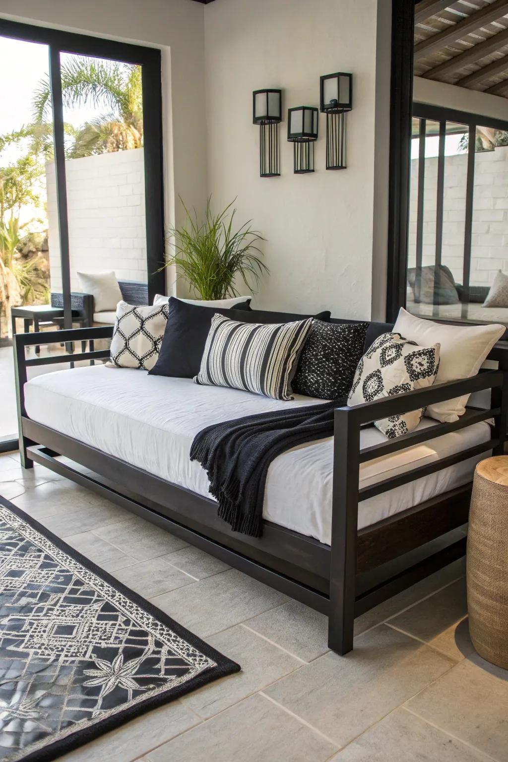 Single-tone bedding creates a chic and cohesive look for a daybed.