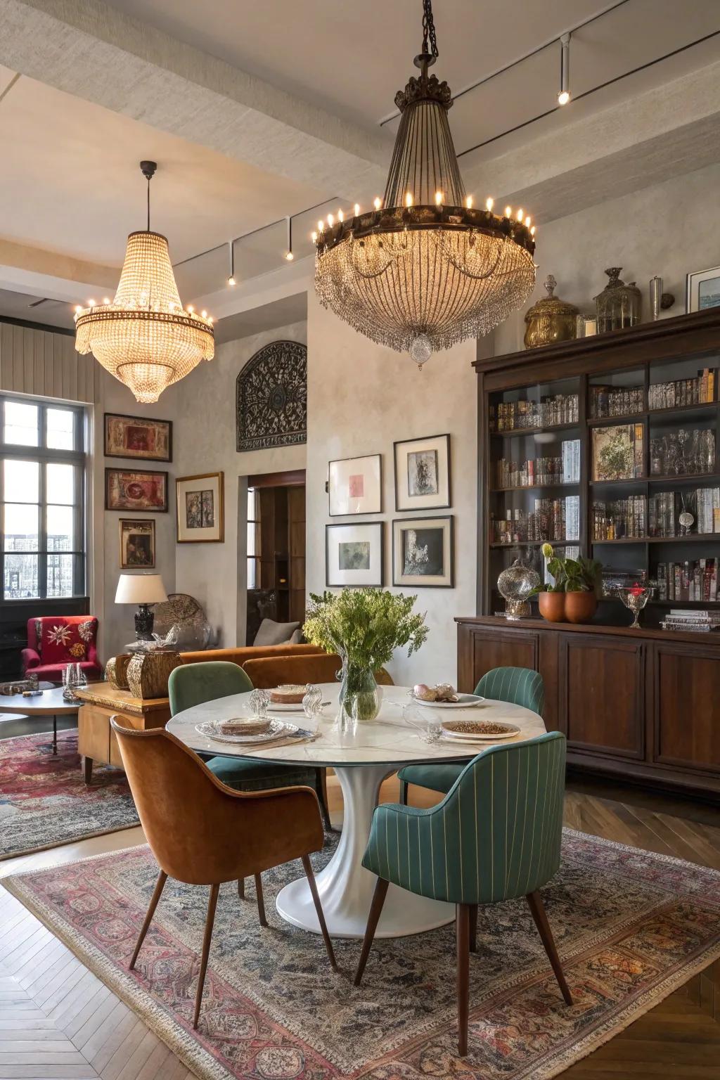 A fusion of styles yields a distinctive and vibrant dining room.