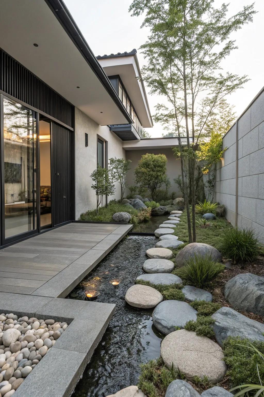 A Zen garden offers serenity and equilibrium at the entry.
