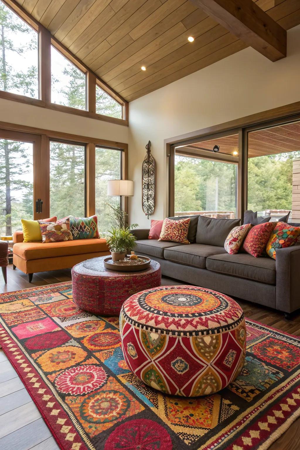 Bold patterns that inject personality and energy within a contemporary family room.