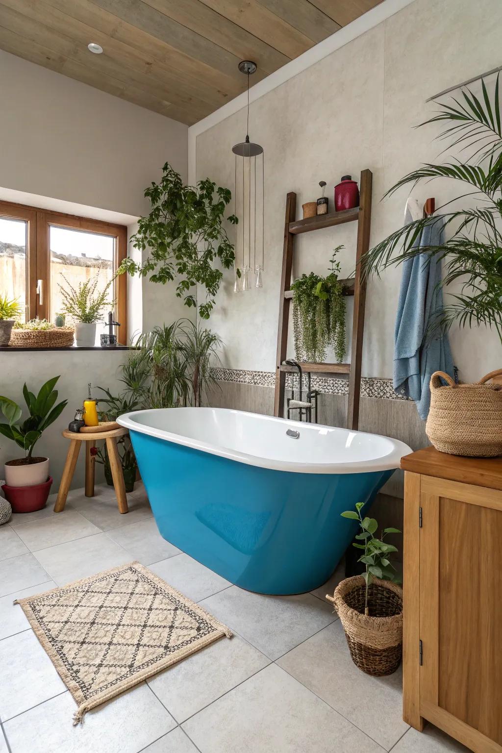 A colored soaking tub adds a surprising focal point to this bathroom.