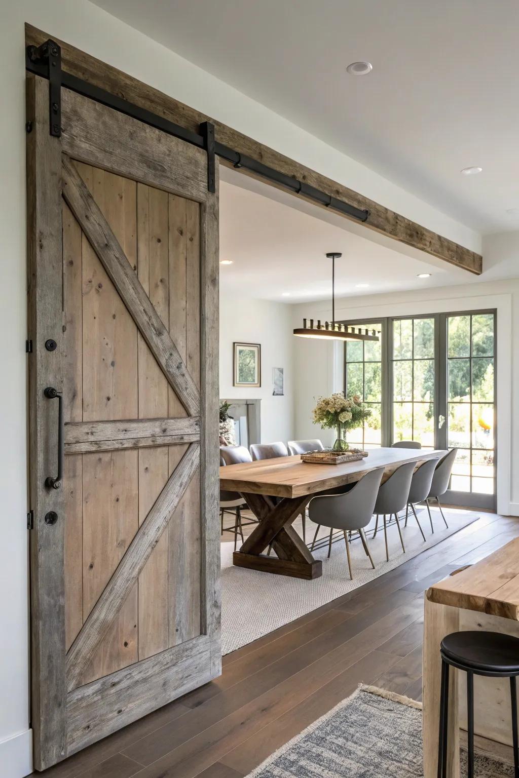 A barn-style door combines function with rustic charm.