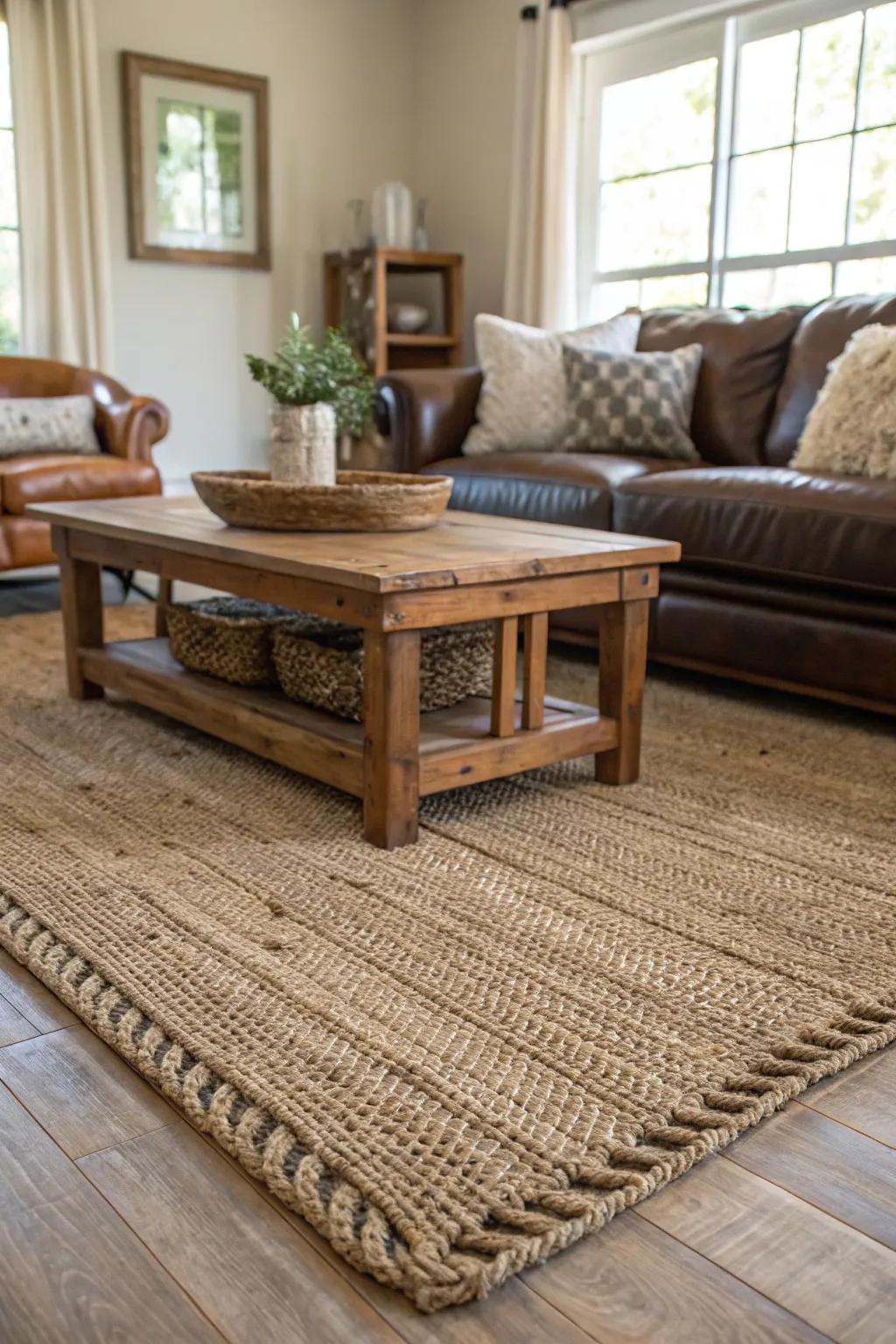 A textured ground covering infuses warmth and style into this inviting farmhouse interior.