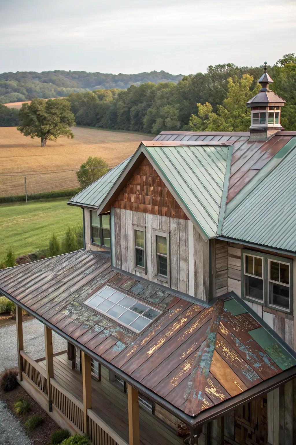 Creative textures: A farmhouse adorned with a mixed-material metal top.