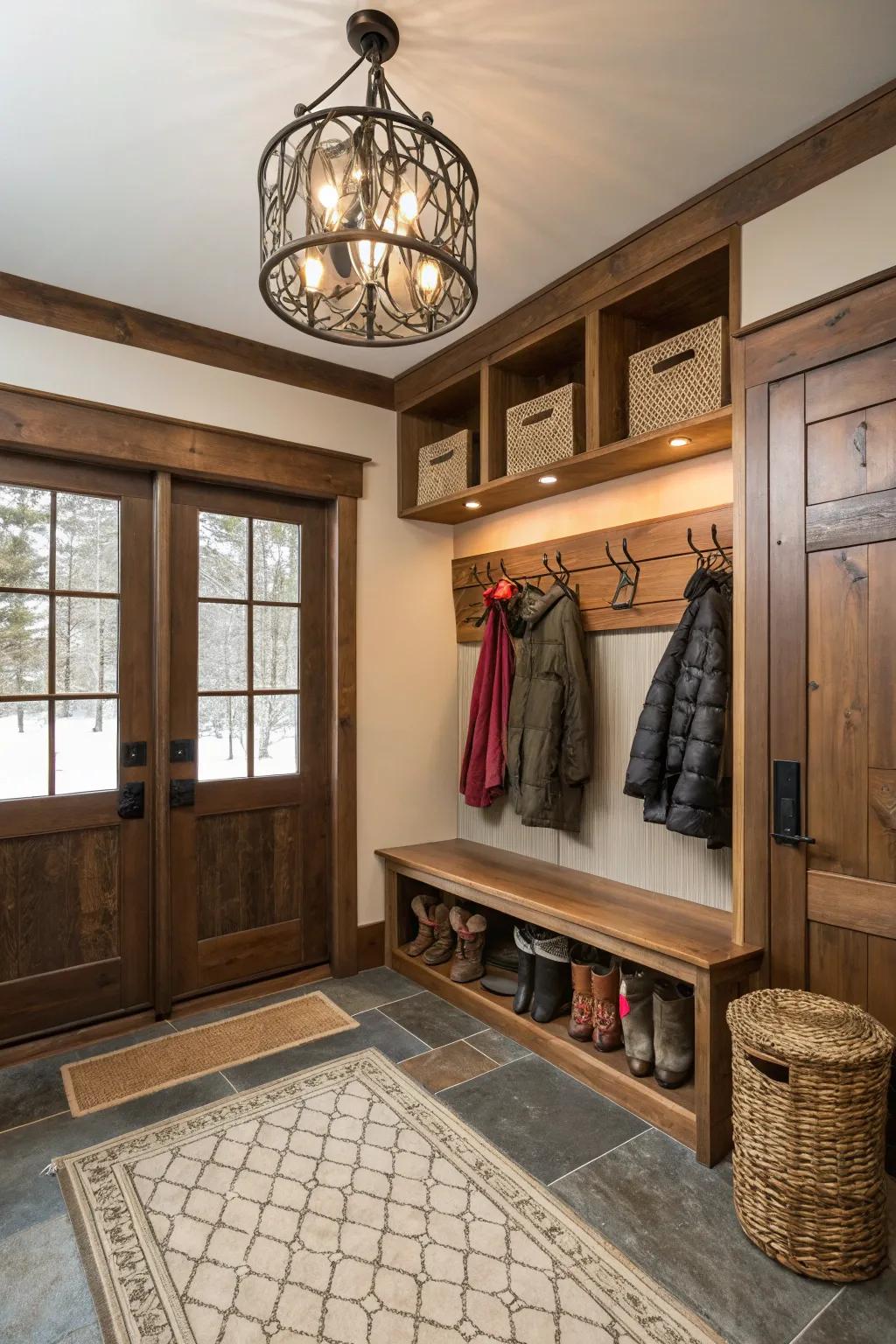 Fashionable mudroom showcasing an audacious statement illumination fixture.