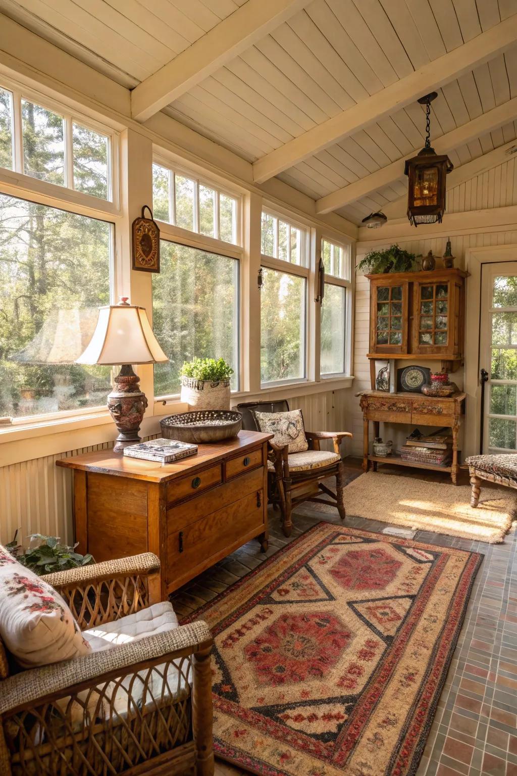 A retro vibe with antique furnishings engenders ageless allure.