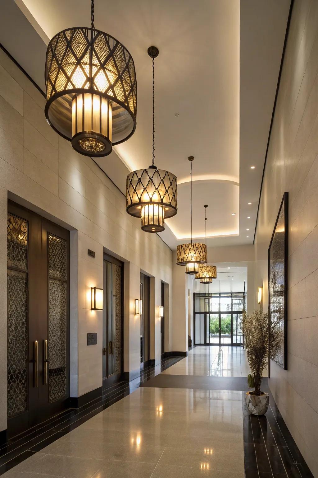 Unexpected lighting schemes add intrigue to this modern entrance hall.