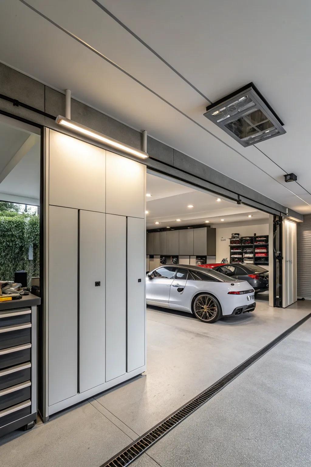 Keep your garage tidy through concealed storage solutions.
