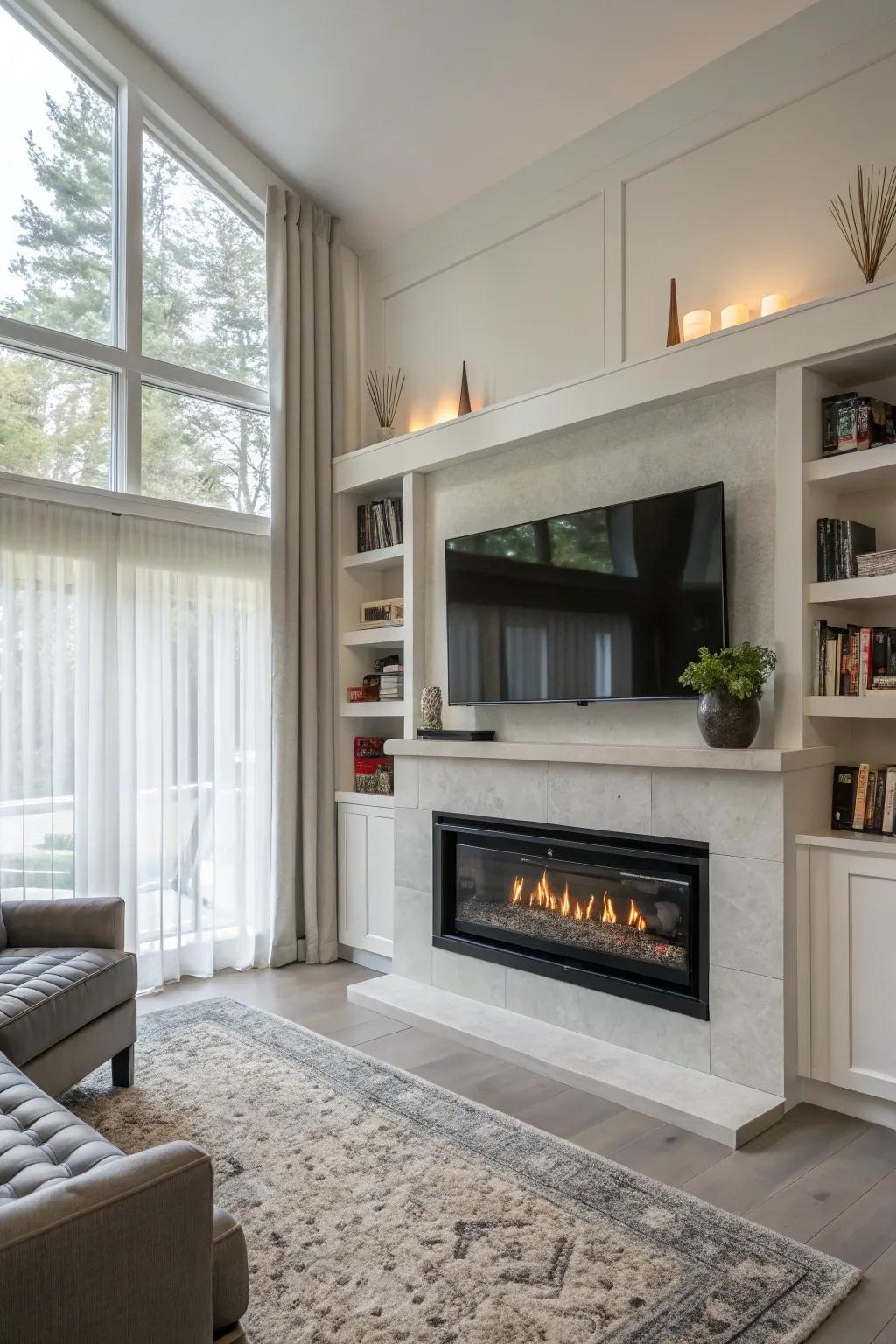 Built-in shelving enhances a modern gas fireplace's practicality.