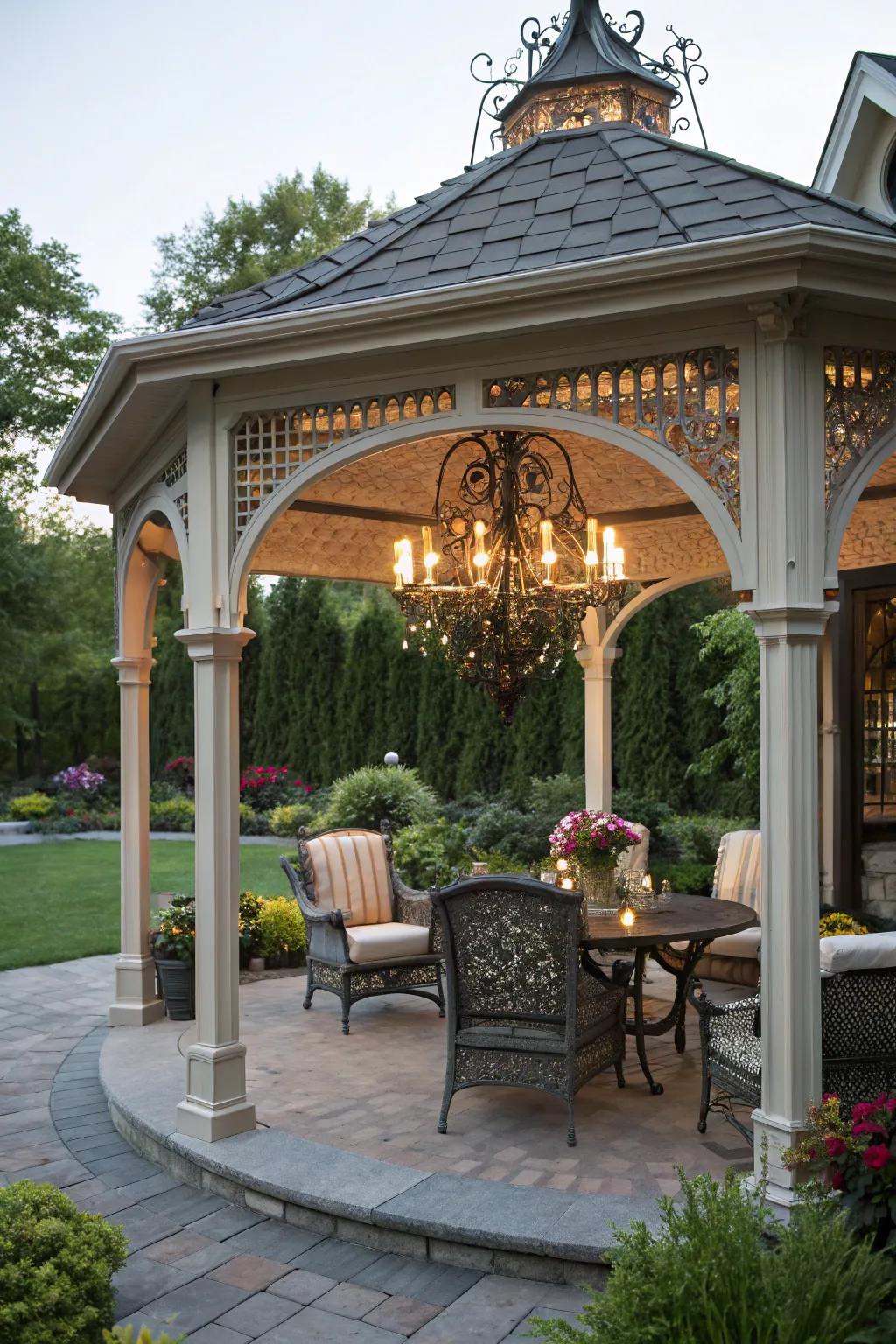 A house-like gazebo with an elegant light fixture offering a luxurious outdoor experience.