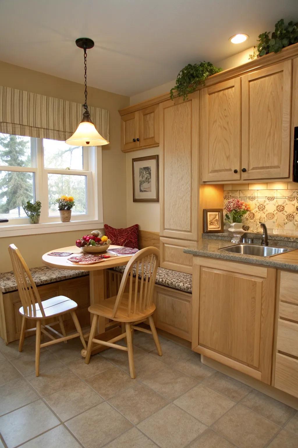 A comfortable breakfast nook situated among light oak cabinets provides a charming hideaway.