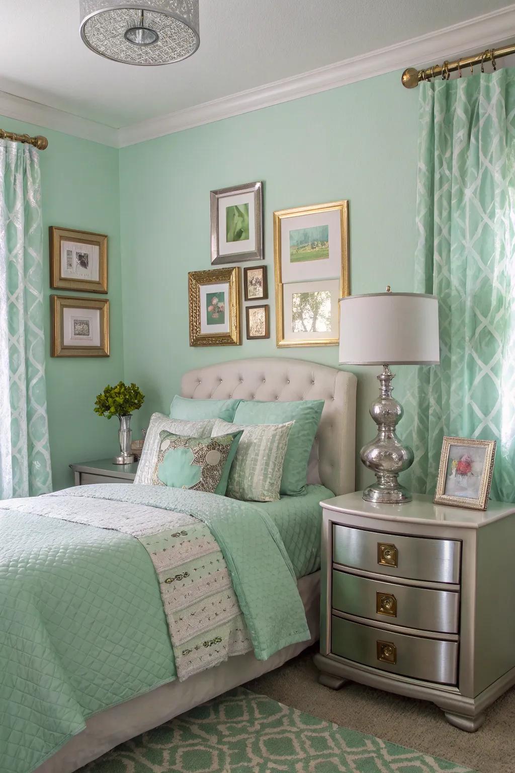 Chic metallic accents in a seafoam serenity bedroom.