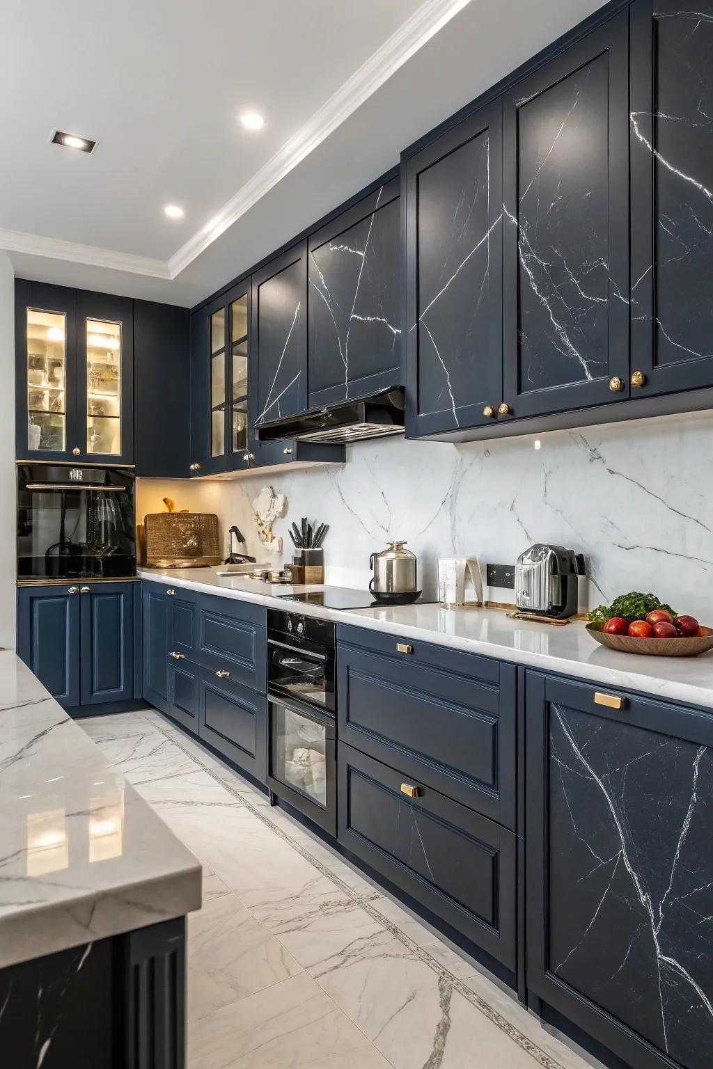 Dark stone countertops make dark blue kitchens look fancy.