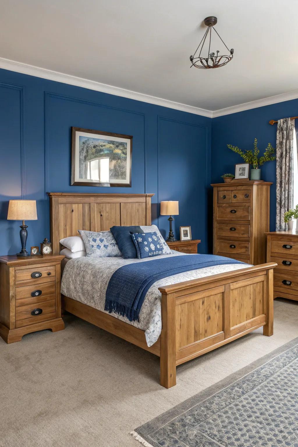 Timber elements append warmth and coziness to the regal blue themed chamber.