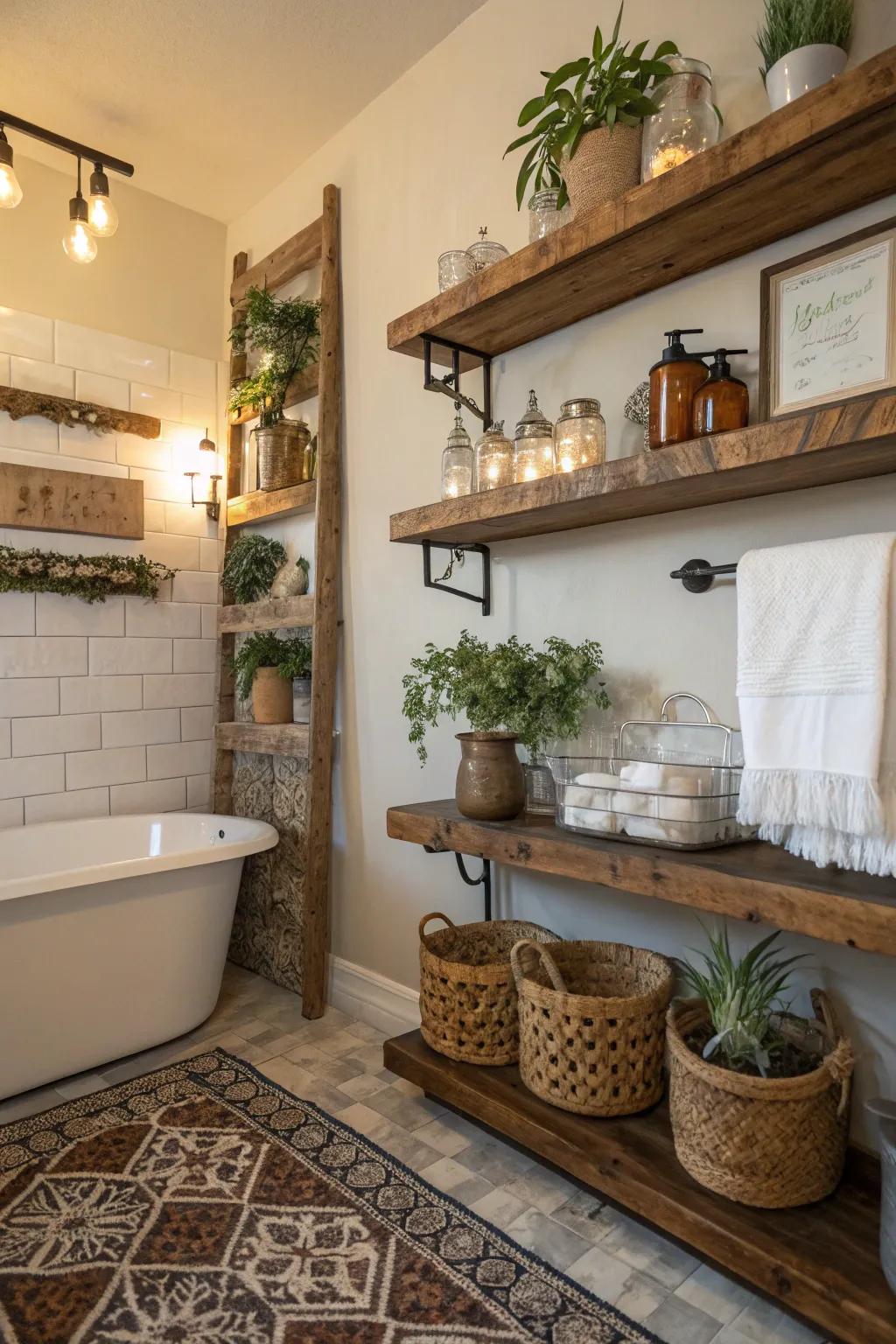 Farmhouse shelving conjoins functionality with aesthetic appeal.