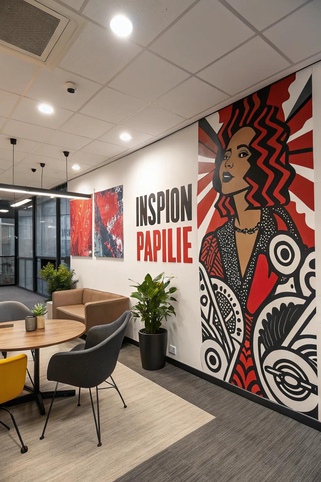 Eye-catching wall decor adds personality and inspiration to a rustic office.