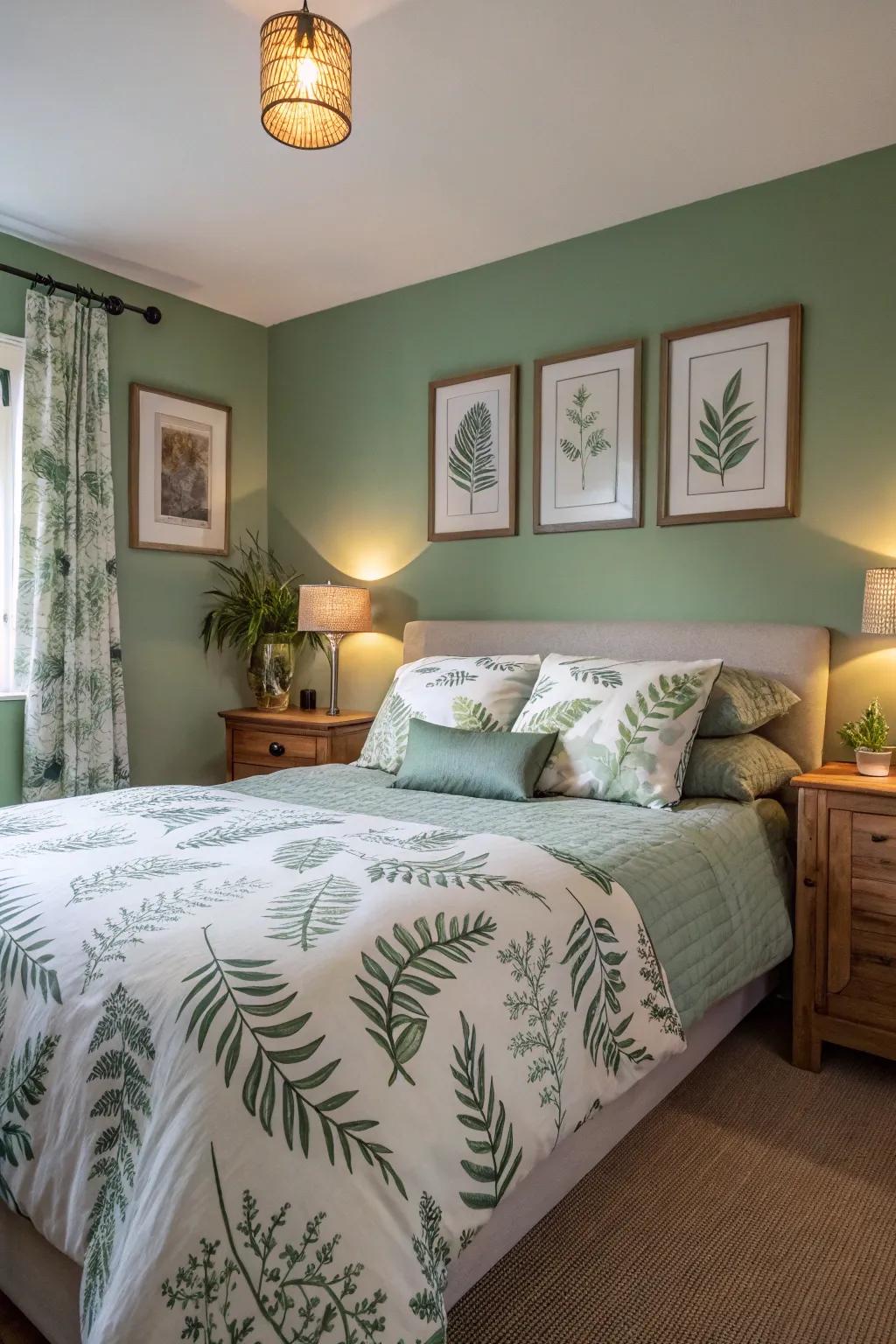 Botanical imprints and soft green produce a fresh, vibrant atmosphere.