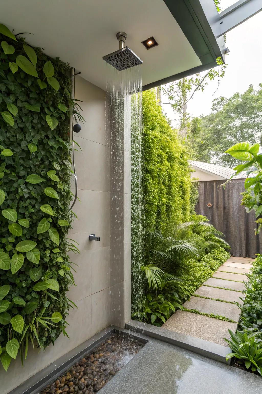 A lush shower space featuring an innovative upright garden.