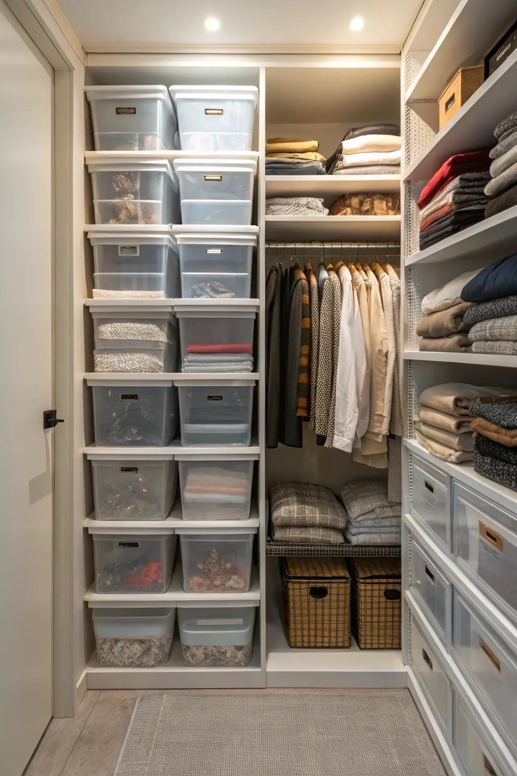 Transparent boxes maintain organized and visible contents.