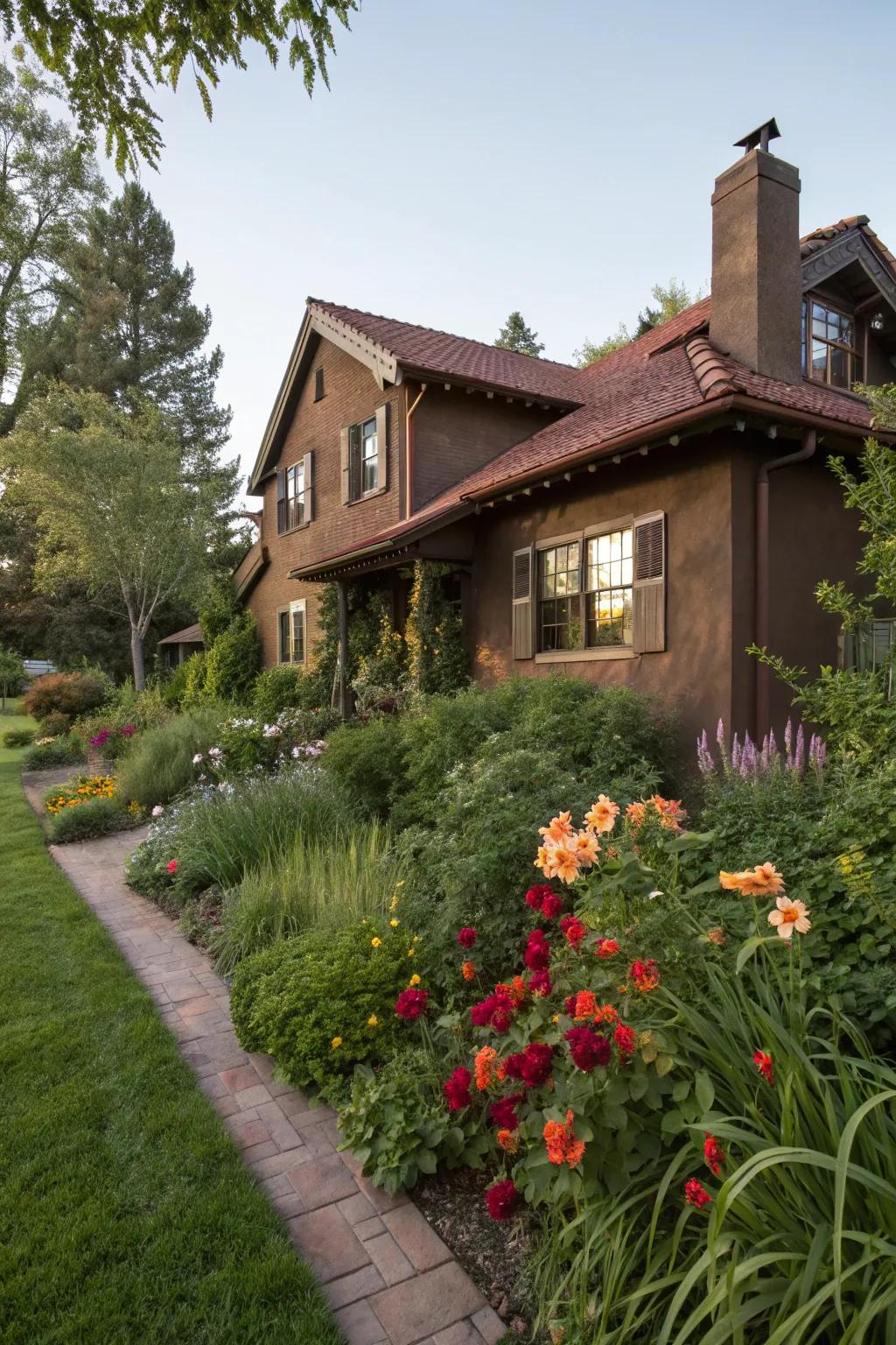 Luxurious chocolate brown stucco home with lush surroundings.