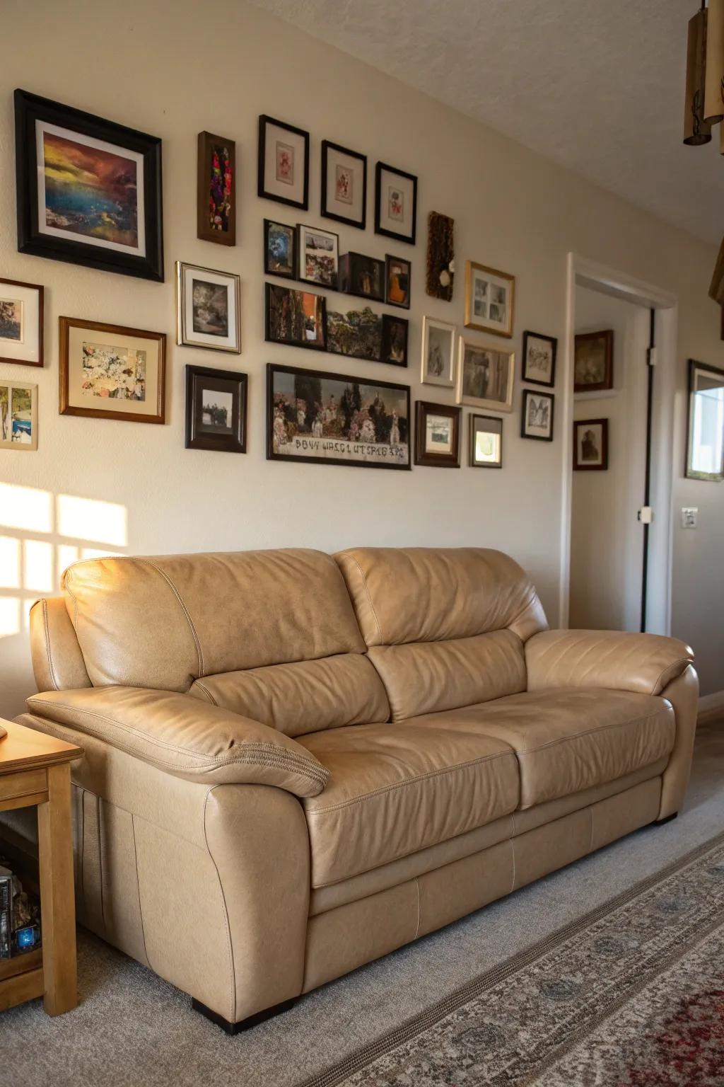 A gallery wall appends a distinctive impression to a sitting room featuring a russet hide settee.