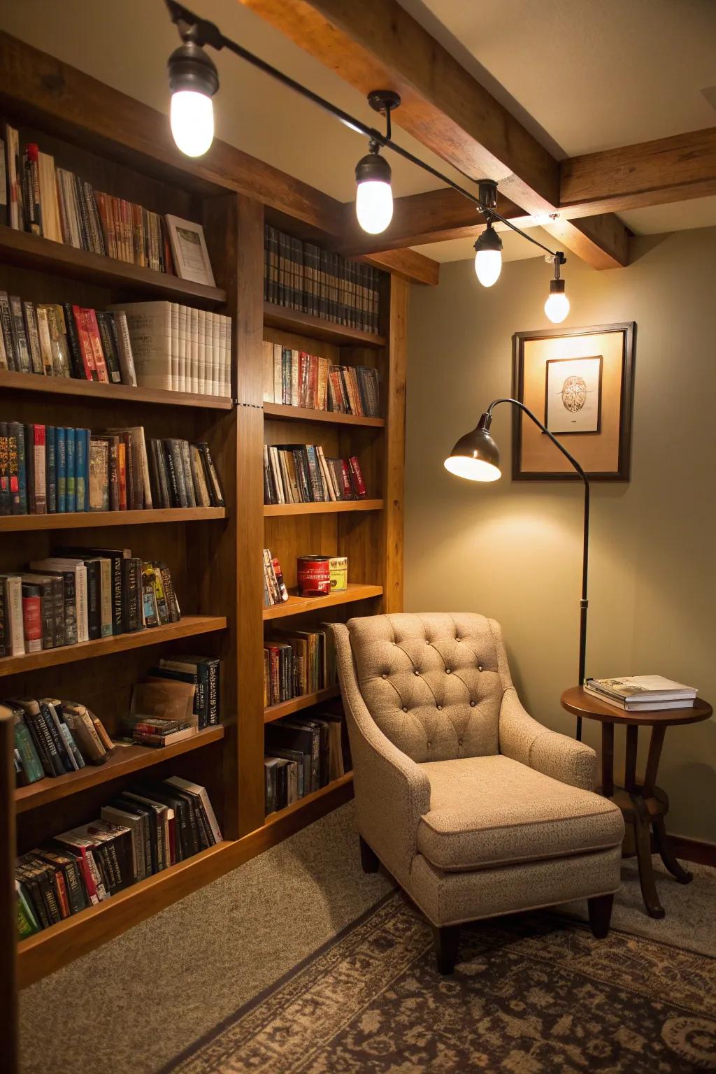 Track lighting in a cozy reading nook uses varied bulbs to create a versatile atmosphere.
