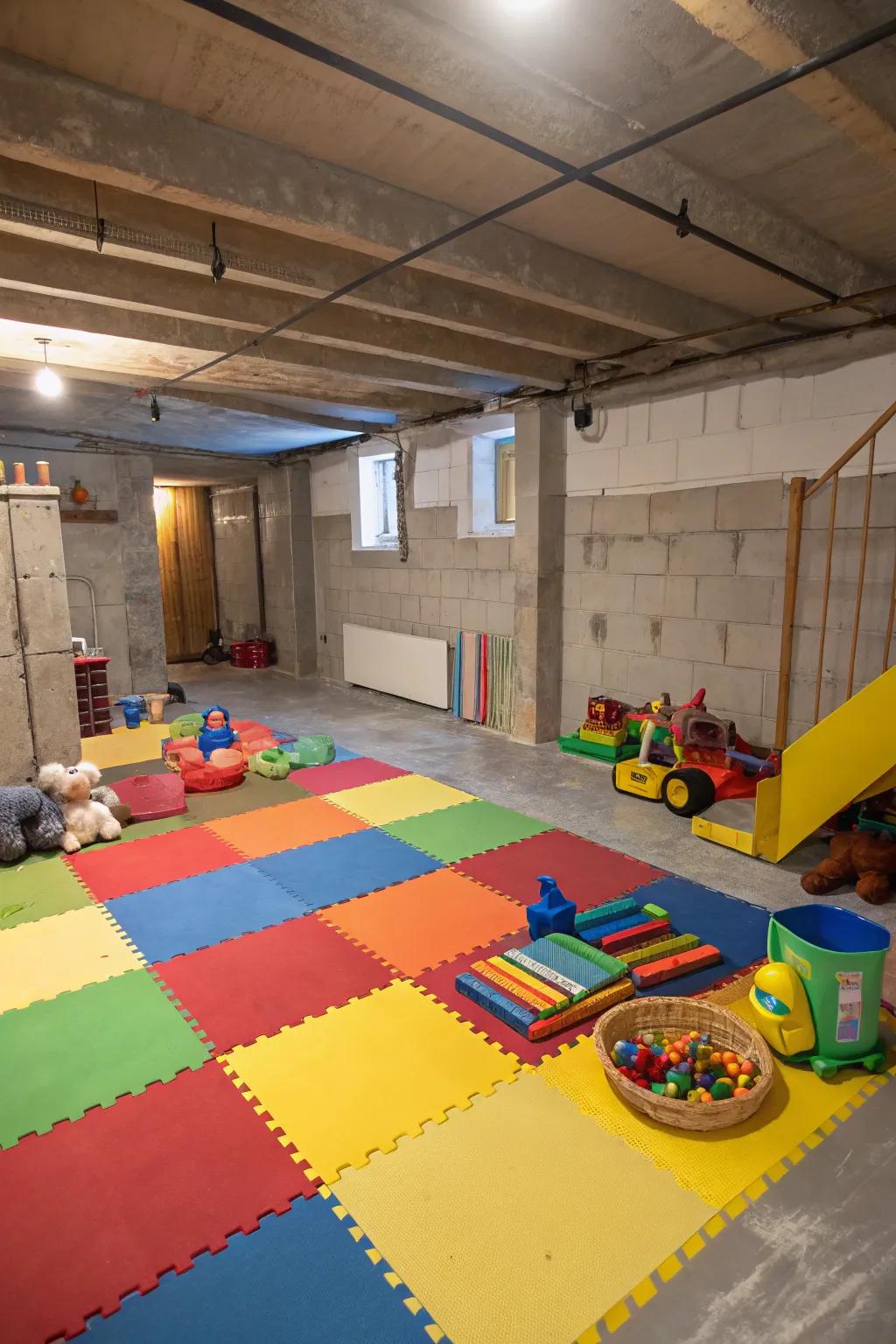 A playful zone for kids in an unfinished basement.