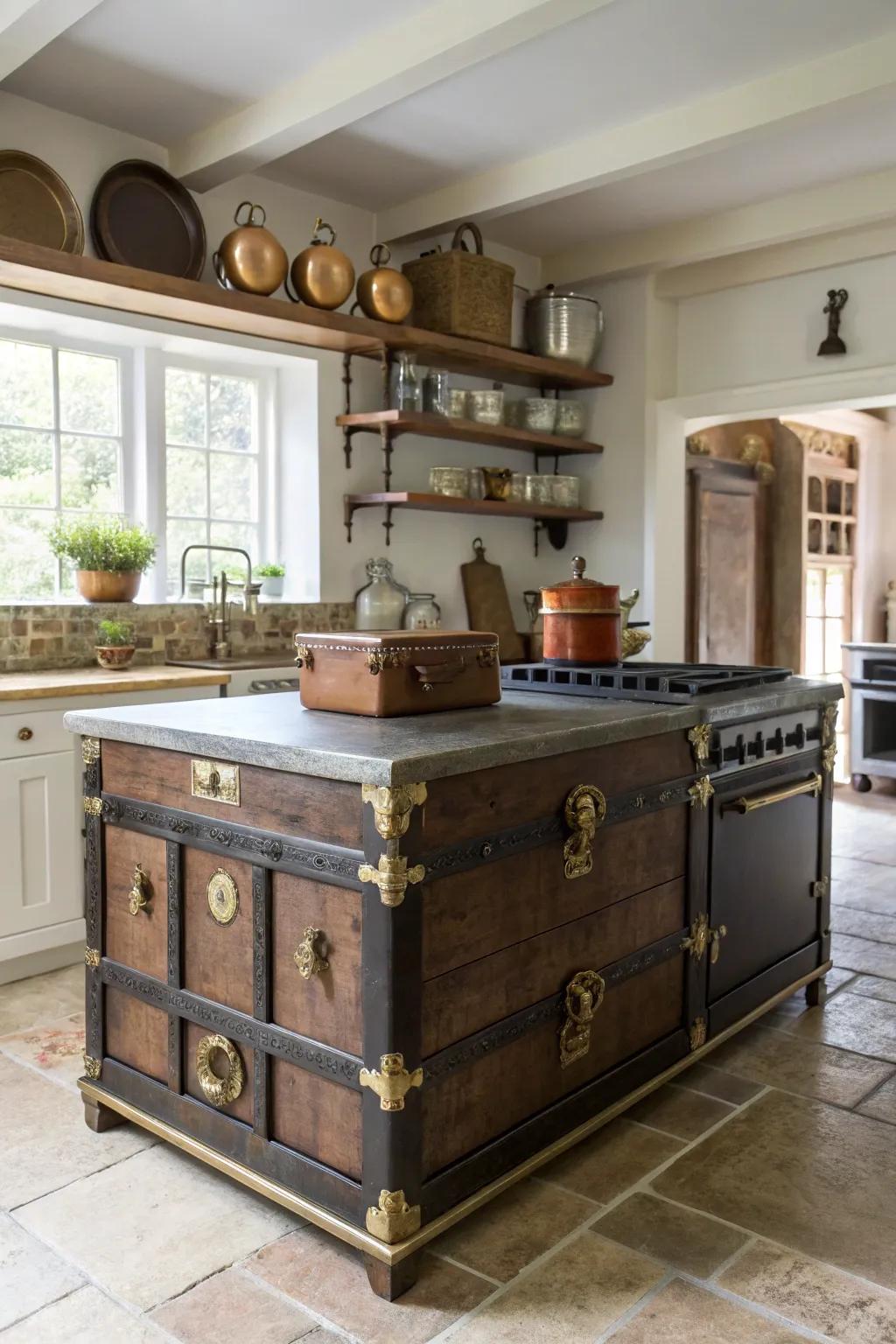A distinctive kitchen island becomes a charming focal point.