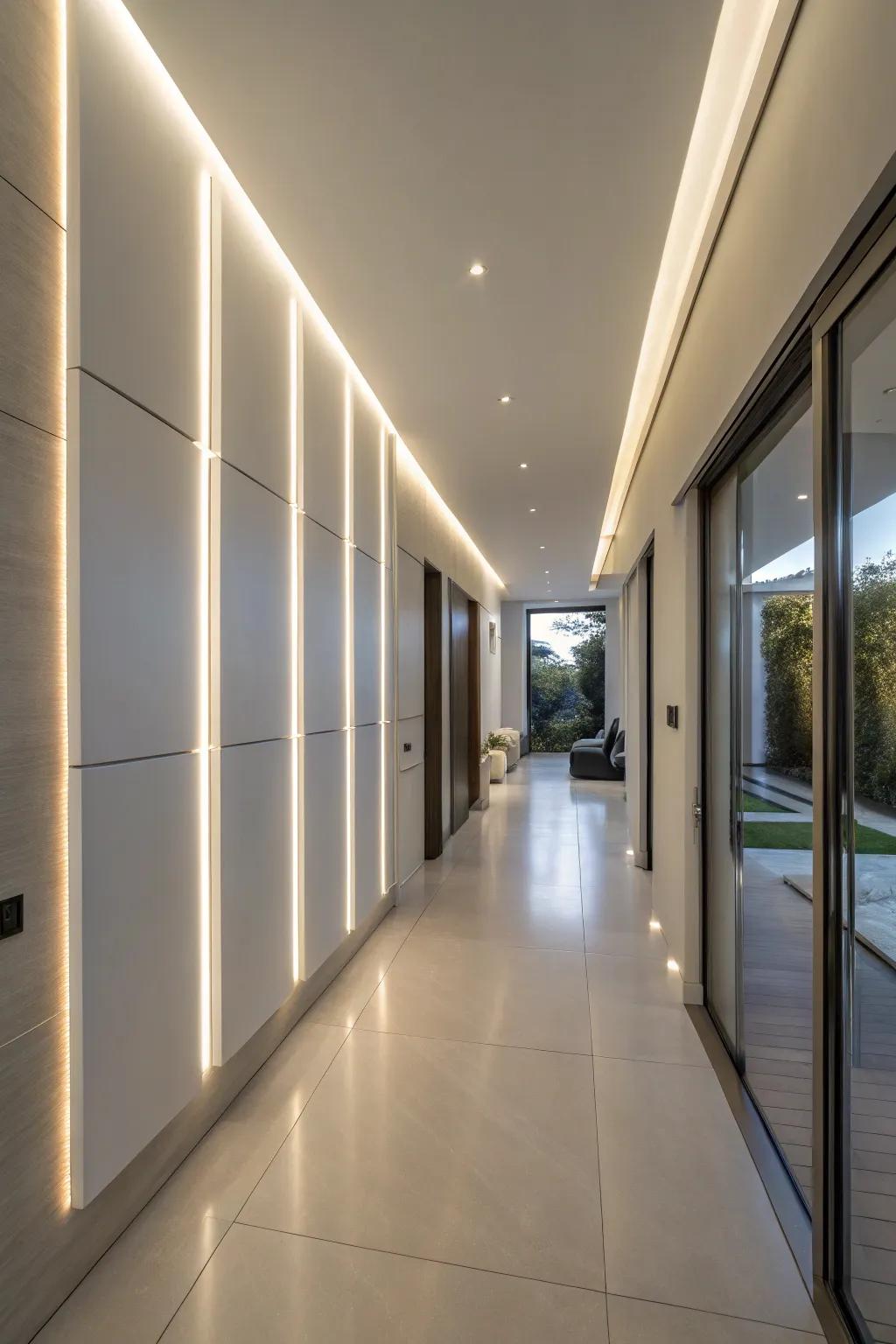 Combined light-emitting diode sections adding a futuristic vibe to an entrance hall.