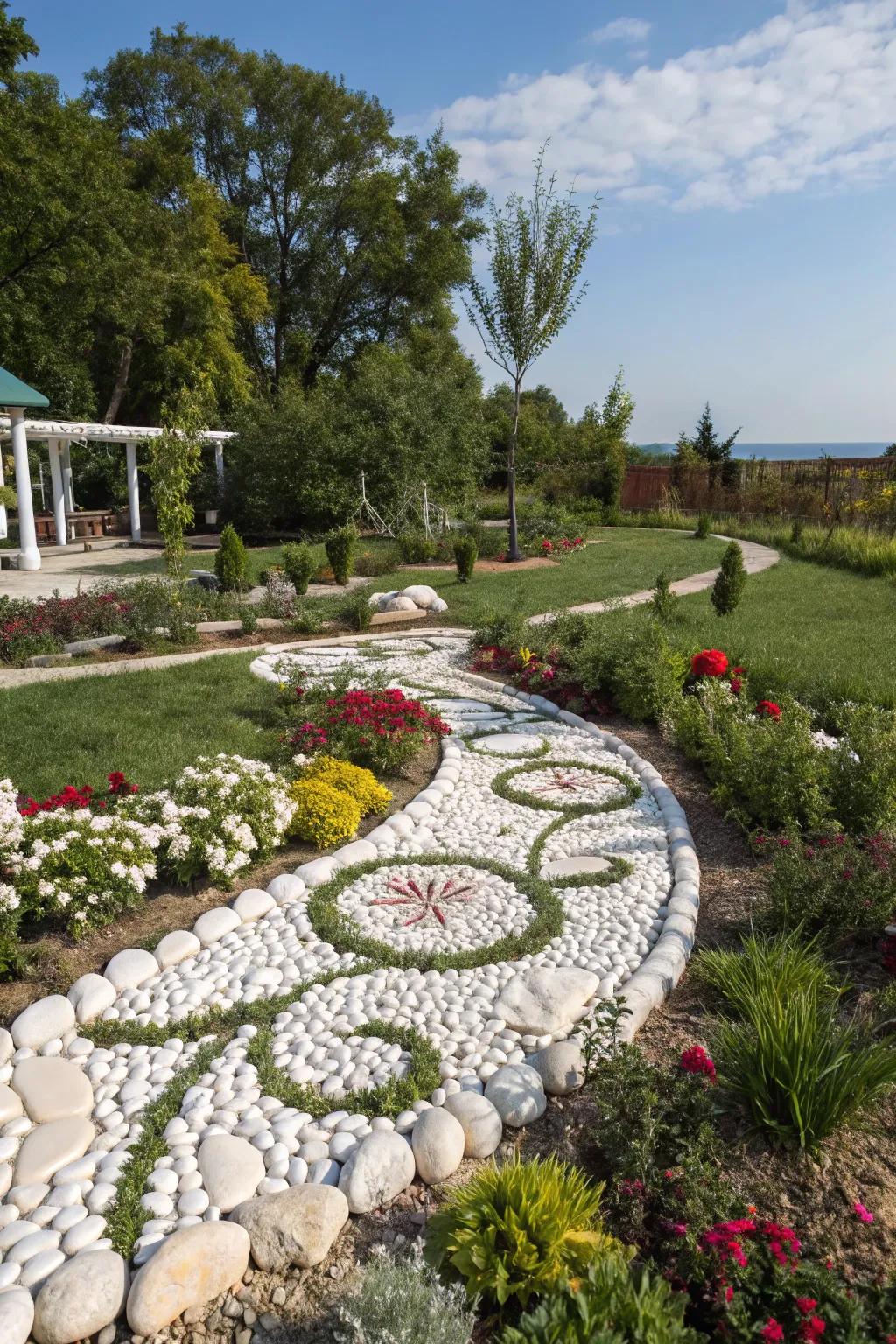 A garden showcasing artistic designs made with pale stones, transforming the landscape into art.